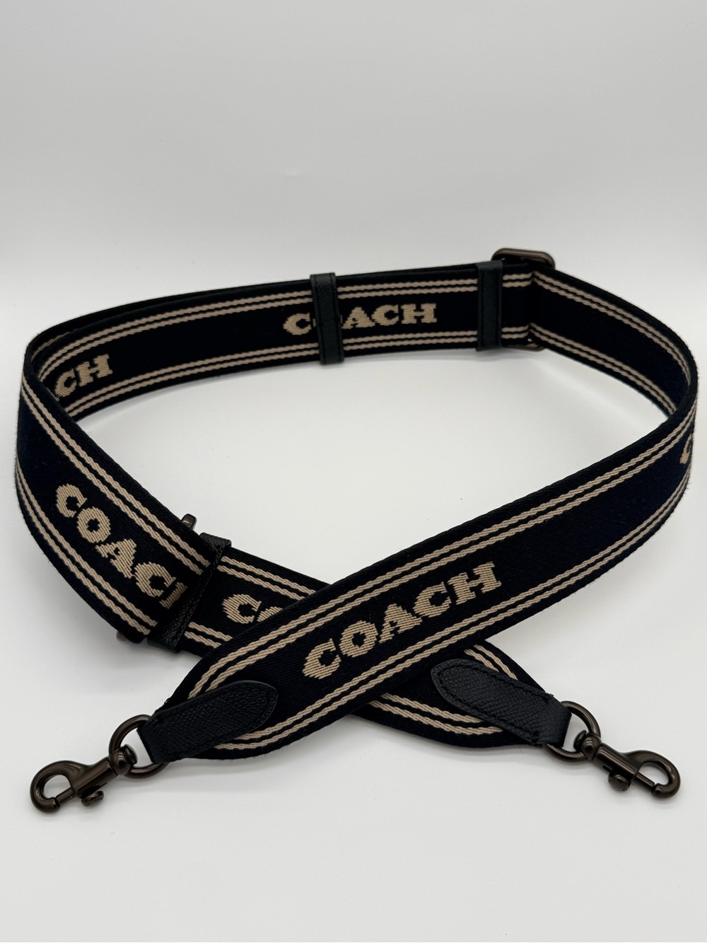 Coach Tonal Signature Logo Webbing Adjustable Bag Strap Black Beige Gunmetal